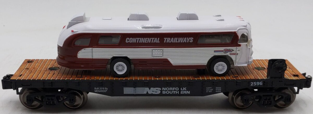 Menards 279-3377 O Norfolk Southern Flatcar w/ Continental Trailways Bus #2596 EX/Box