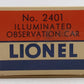 Lionel 2401 Vintage O Lionel Lines Green/Gray Hillside Observation Car VG/Box