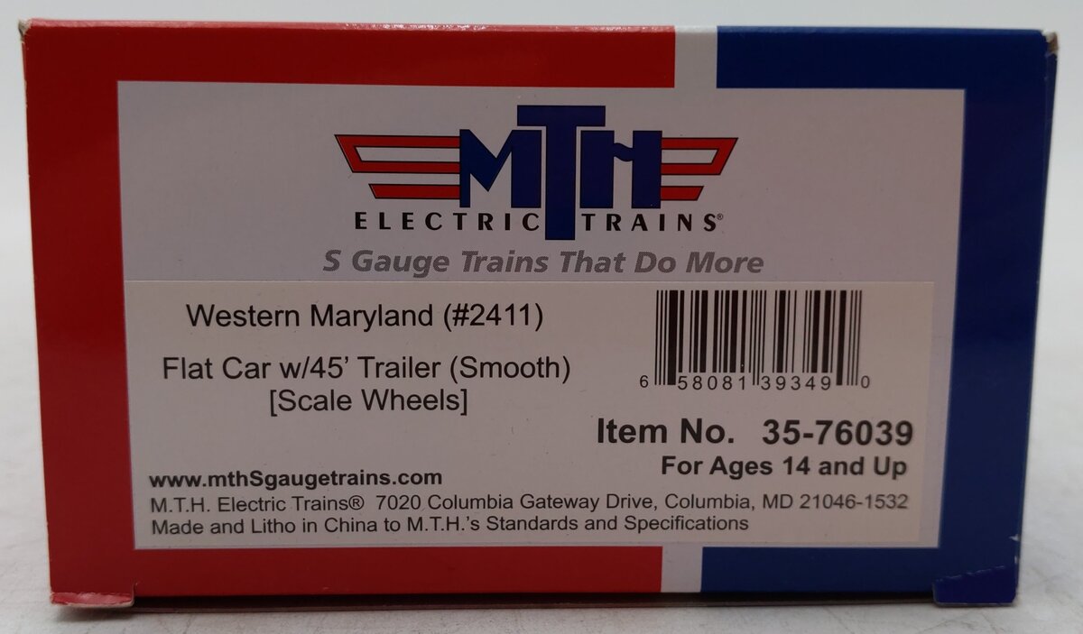 MTH 35-76039 S Scale Western Maryland Flatcar w/Container #2411 LN/Box
