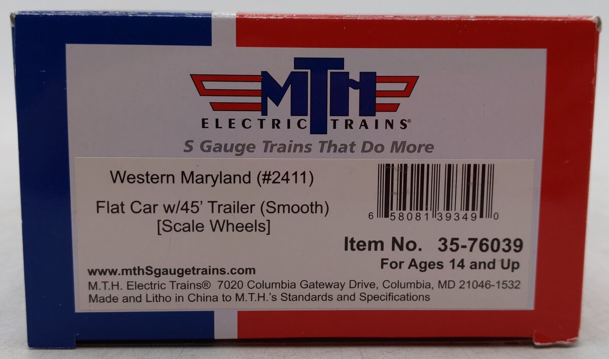MTH 35-76039 S Scale Western Maryland Flatcar w/Container #2411 LN/Box