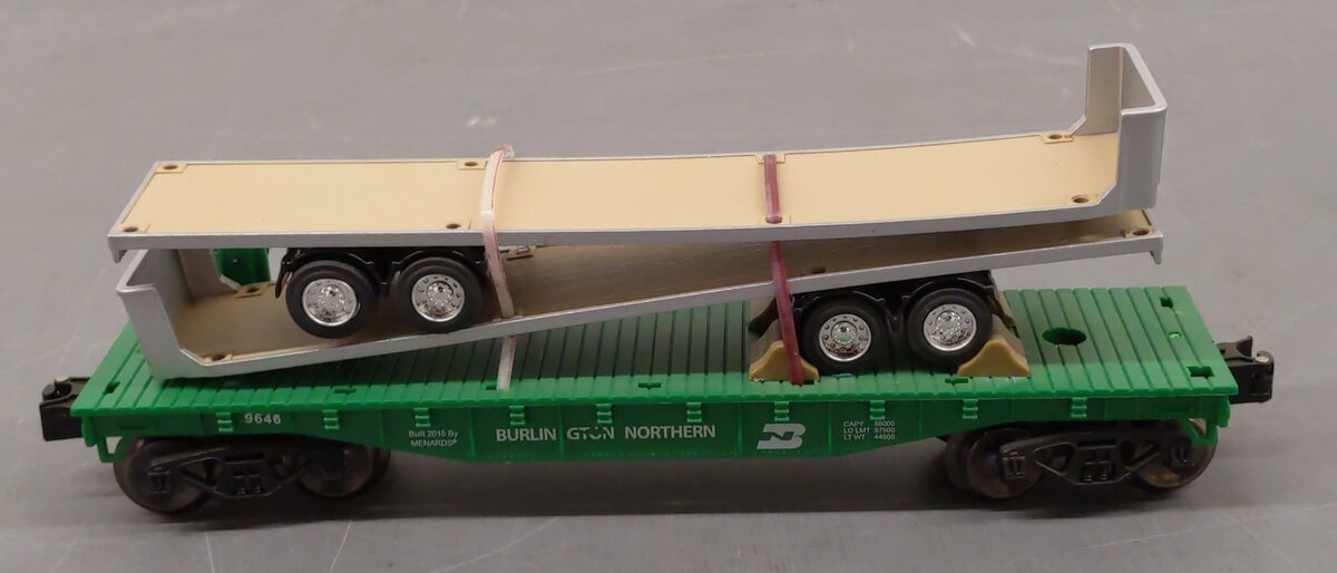 Menards 279-0771 Burlington Northern Flat Car with 2 Flatbed Trailers LN/Box