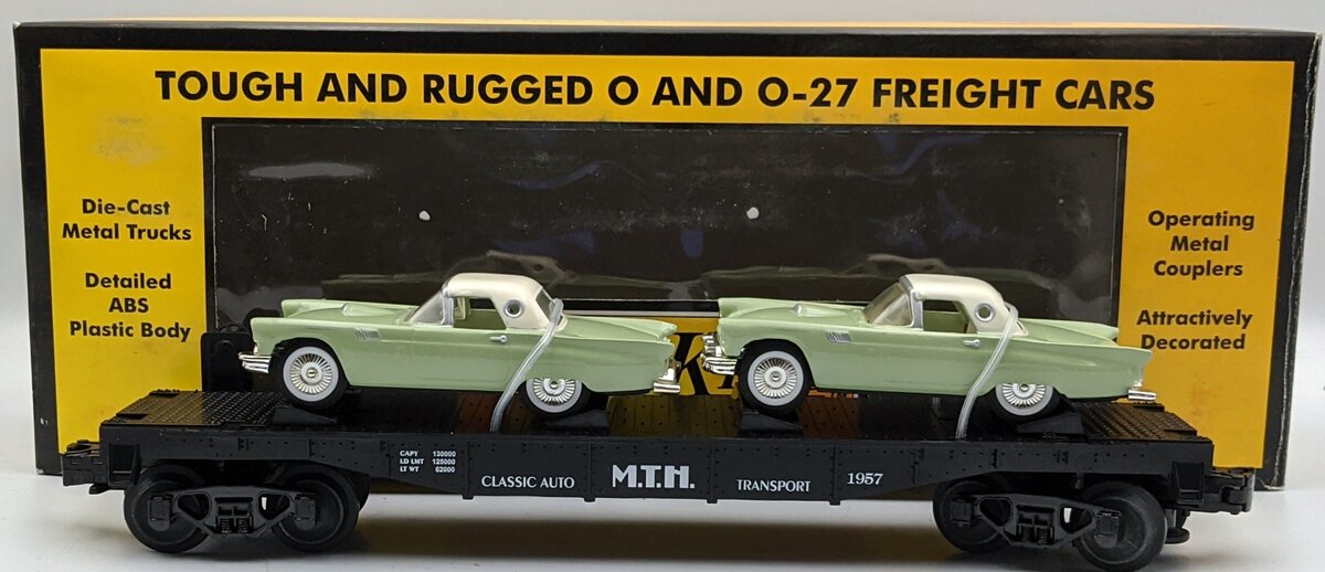 MTH 30-7613 O Gauge Auto Transport Flatcar with Two ThunderBirds LN/Box