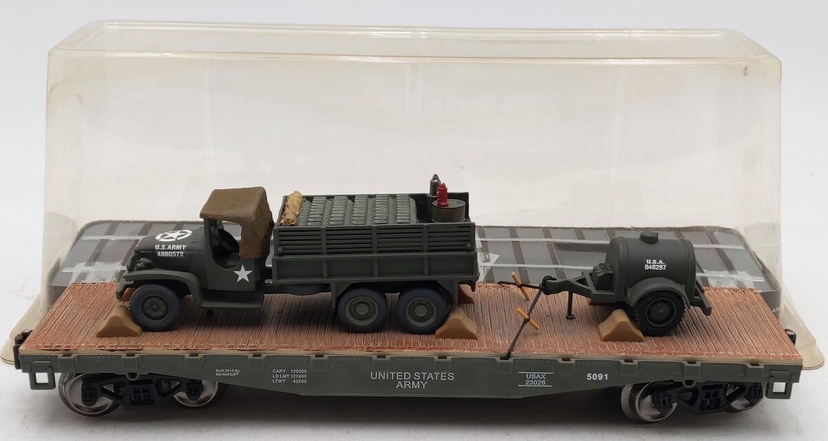 Menards 279-0864 O Gauge Military Long Flatcar w/Army Truck #5091 EX/Box