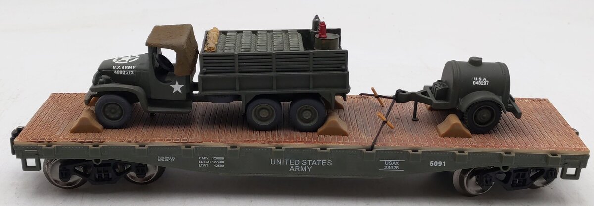 Menards 279-0864 O Gauge Military Long Flatcar w/Army Truck #5091 EX/Box