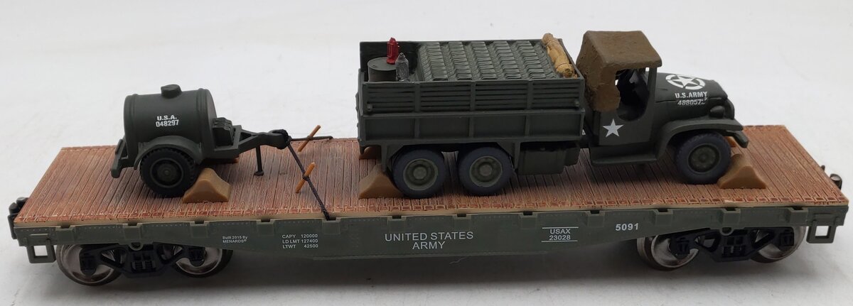Menards 279-0864 O Gauge Military Long Flatcar w/Army Truck #5091 EX/Box