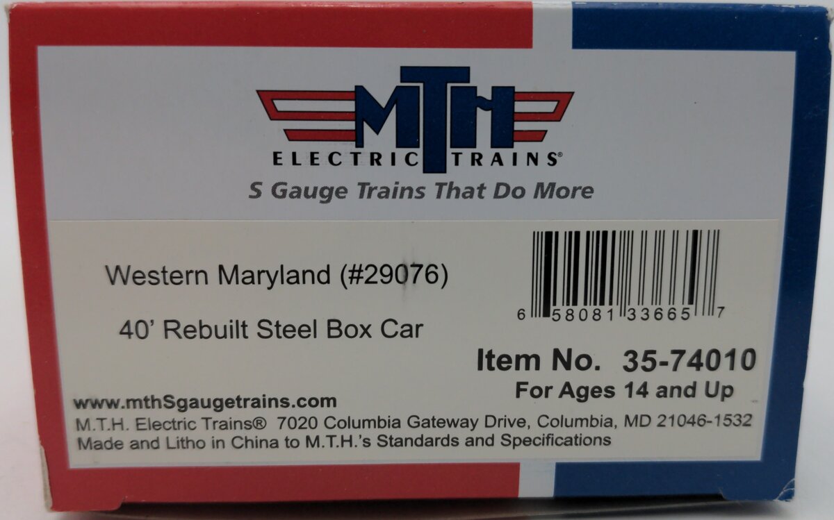 MTH 35-74010 S Gauge 40' Western Maryland Boxcar #29084 EX/Box