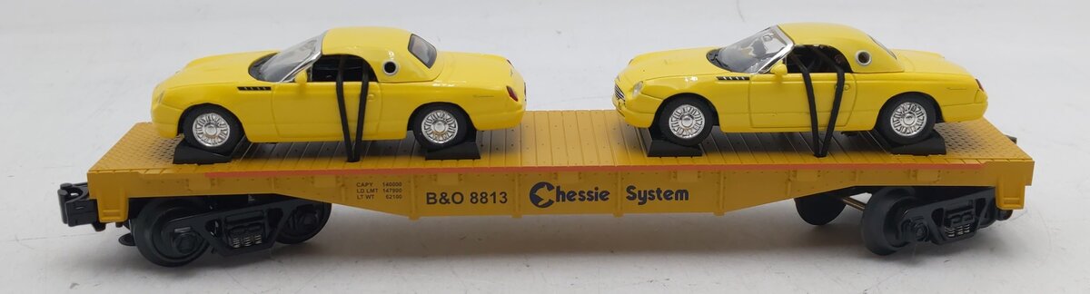 MTH 30-76055 O Gauge Chessie Flatcar w/Two 2000 Ford Thunderbirds #8813 EX