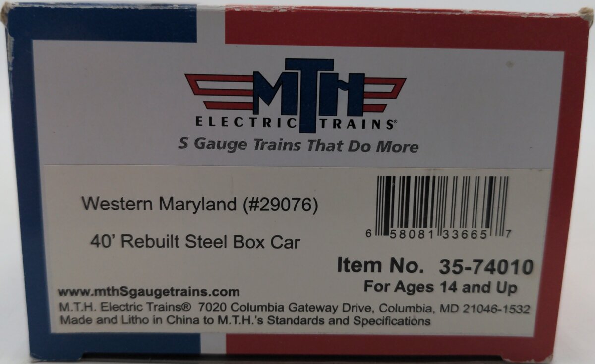 MTH 35-74010 S Gauge 40' Western Maryland Boxcar #29076 EX/Box