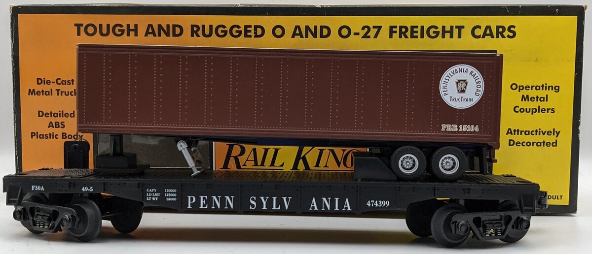 MTH 30-7626 O Gauge Pennsylvania Railroad Flatcar w/ Trailer #474399 LN/Box