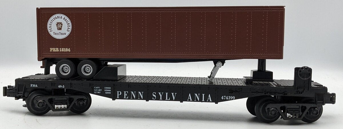 MTH 30-7626 O Gauge Pennsylvania Railroad Flatcar w/ Trailer #474399 LN/Box