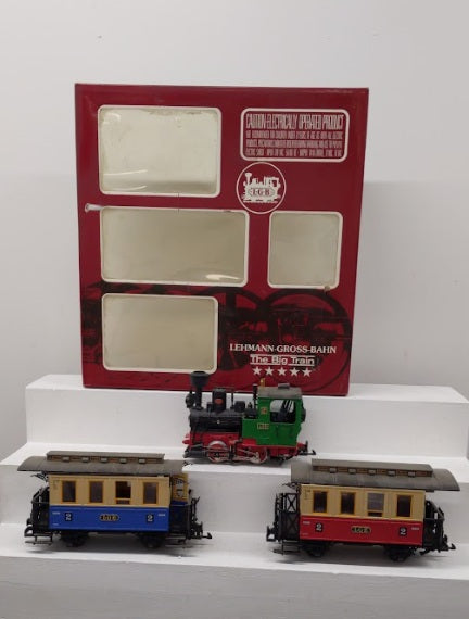 LGB 20301 G Scale Steam Passenger Train W/1 Locomotive 2 Cars & 2 Plastic Figure VG/Box