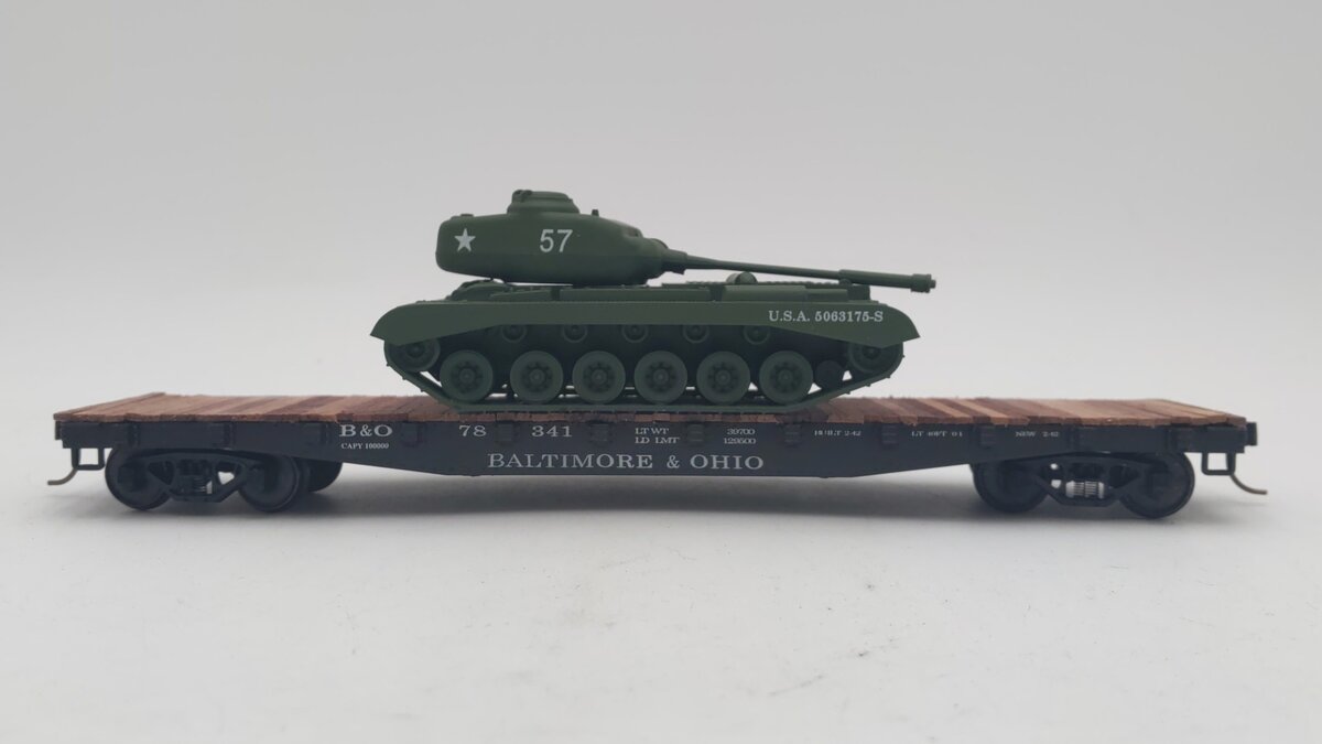 American Models 6001-TK S Scale B&O 46' Flatcar #78341 w/ Tank Load VG/Box