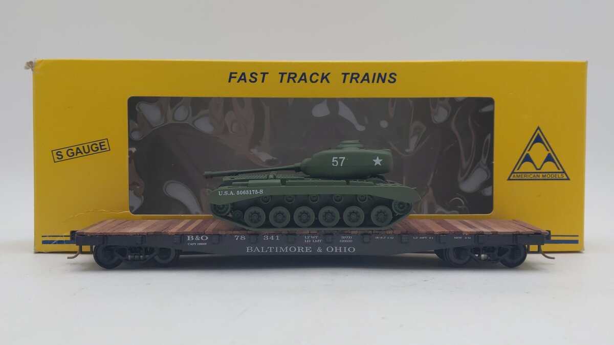 American Models 6001-TK S Scale B&O 46' Flatcar #78341 w/ Tank Load VG/Box