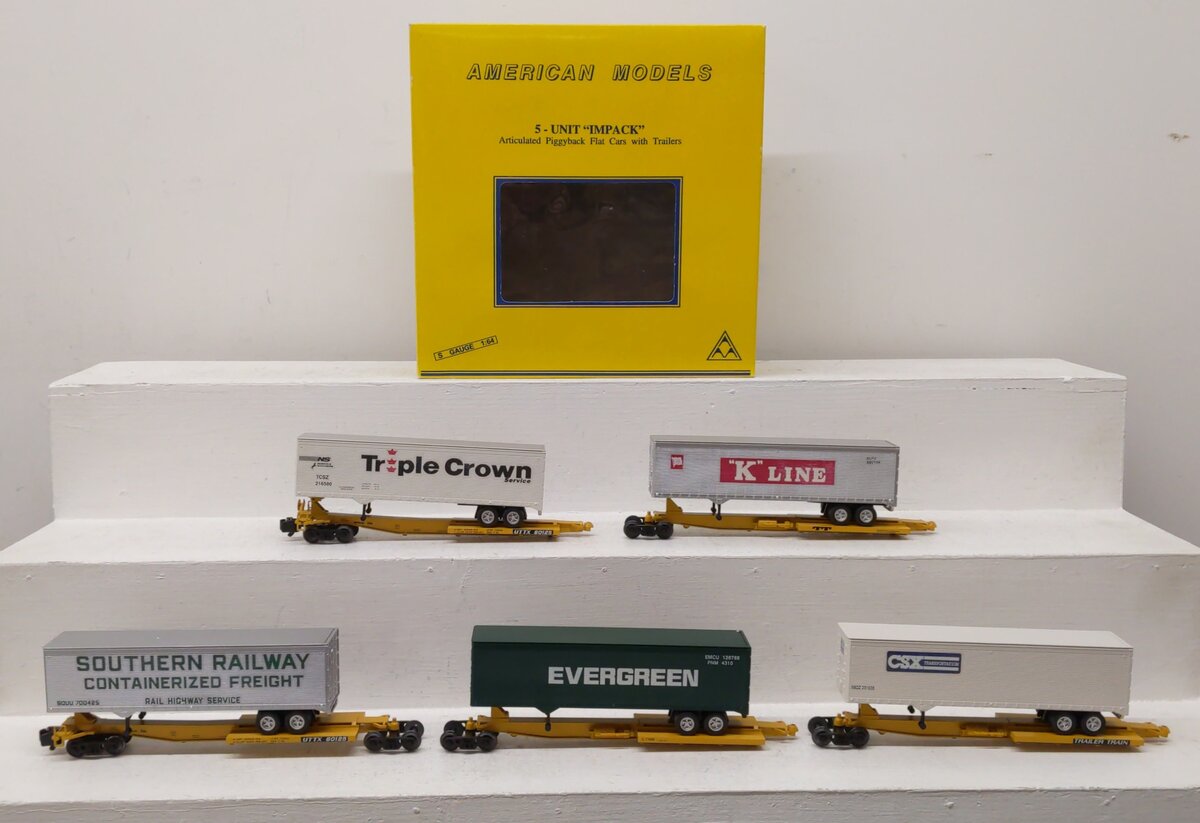 American Models SC6-5T S Gauge Impack 5-Unit Flatcar w/ Trailers NIB