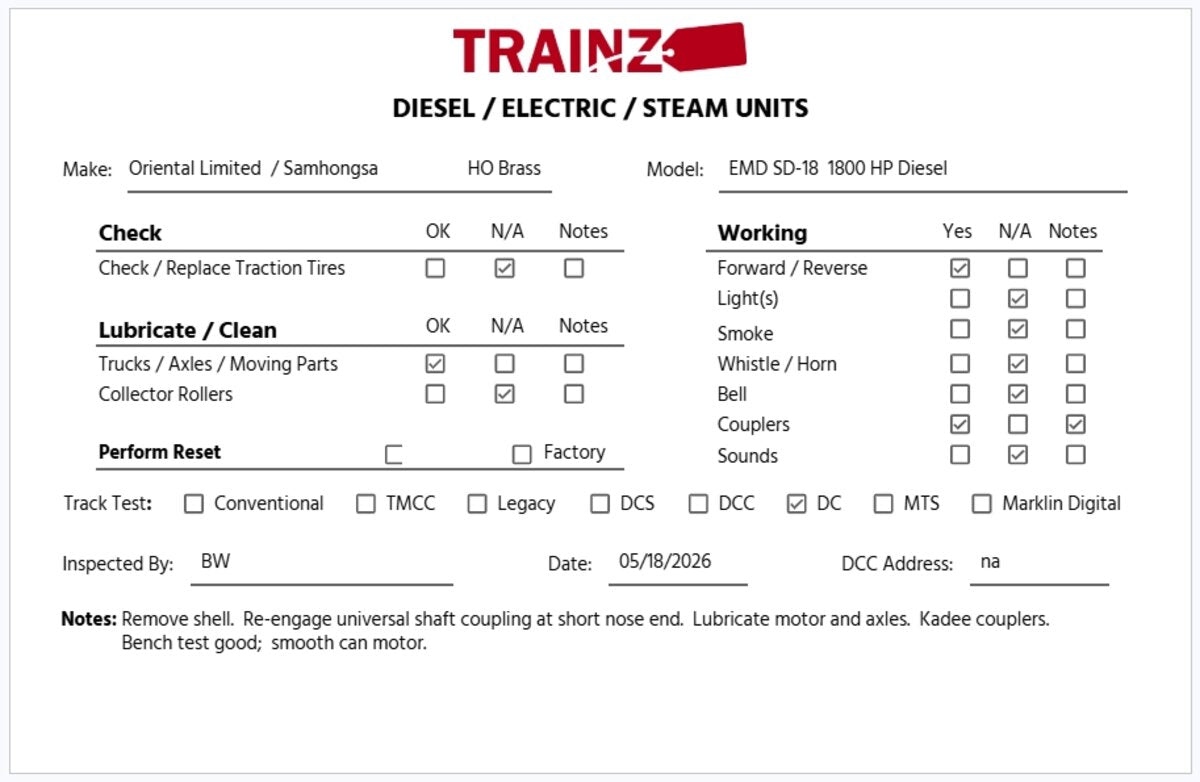 Oriental Limited HO Scale BRASS EMD SD-18 1800HP Diesel Locomotive - Unpainted EX/Box
