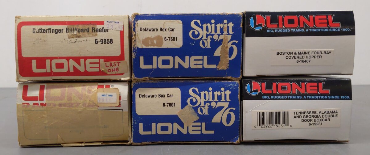 Lionel O Assorted Freight Cars 6-7601, 6-19231, 6-16407, 6-9816, 6-9858 [6] EX/Box