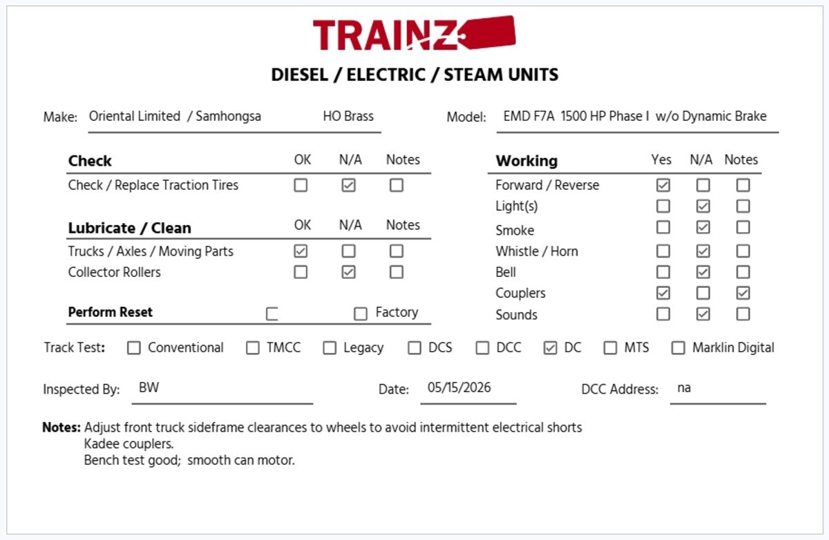 Oriental Limited HO BRASS EMD F7A Diesel Loco w/o Dynamic Brakes -Unpainted EX/Box