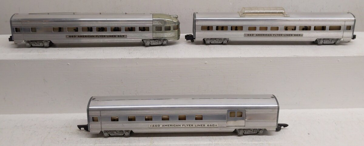 American Flyer Vintage S Aluminum Vista Dome Passenger Cars #663,662,660 [3] VG