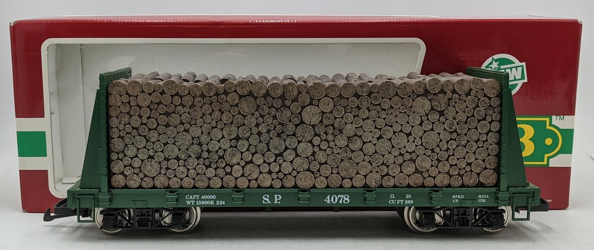 LGB 4078 G Southern Pacific Bulkhead Flatcar w/Log Load (Metal Wheels) LN/Box
