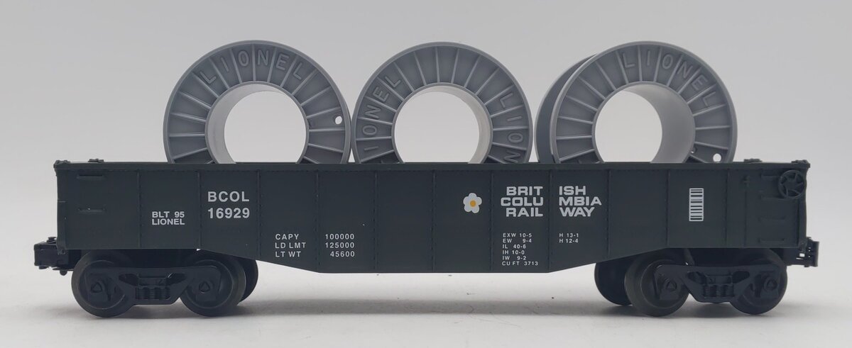 Lionel 6-16929 O Gauge British Columbia Rail Gondola with Cable Reels LN/Box