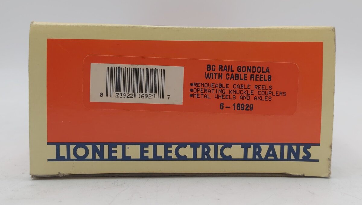 Lionel 6-16929 O Gauge British Columbia Rail Gondola with Cable Reels LN/Box