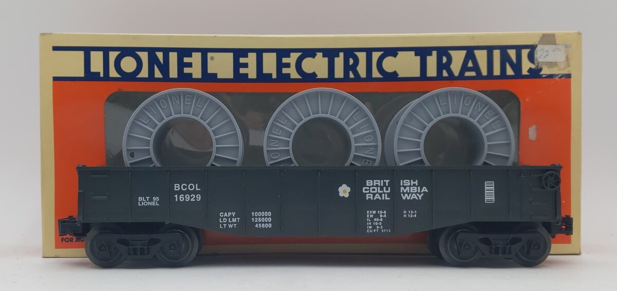Lionel 6-16929 O Gauge British Columbia Rail Gondola with Cable Reels EX/Box