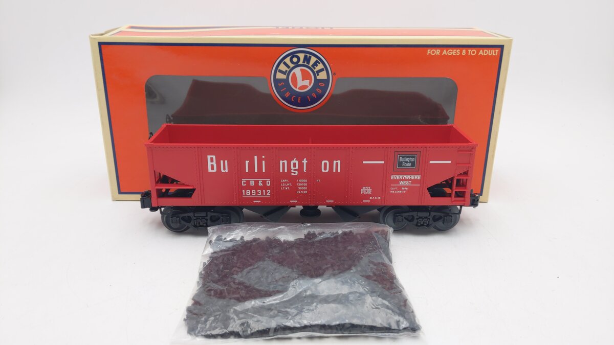 Lionel 6-26779 O Gauge Burlington Operating Hopper #189312 w/ Coal Load NIB