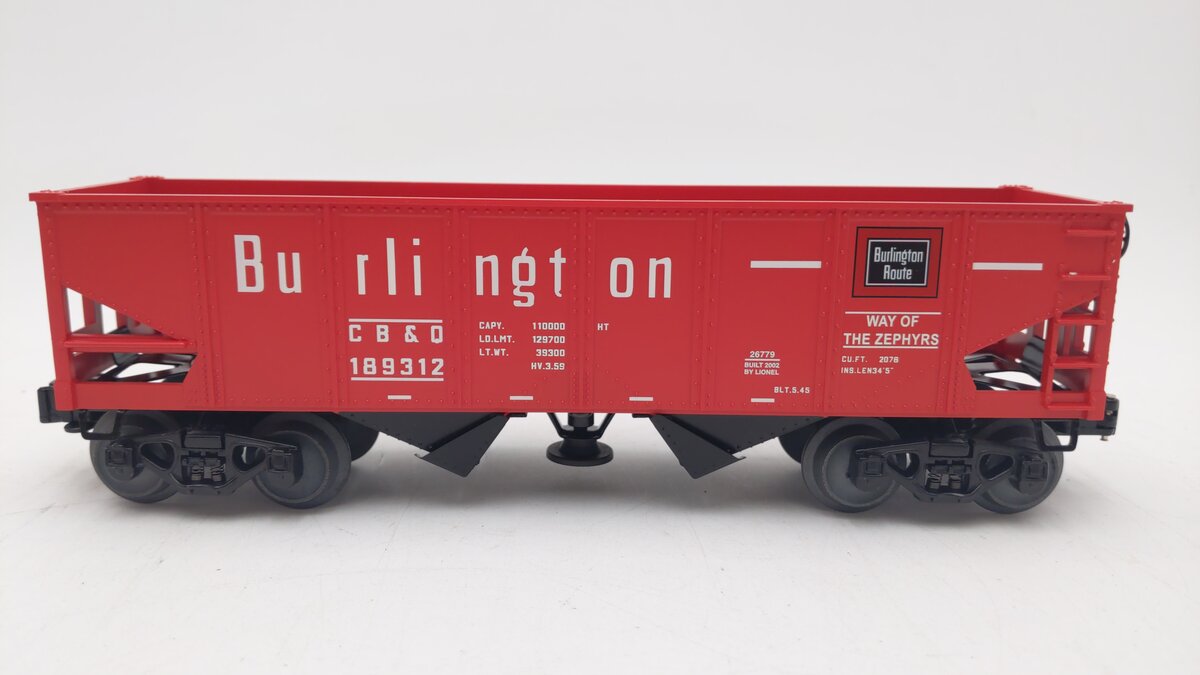 Lionel 6-26779 O Gauge Burlington Operating Hopper #189312 w/ Coal Load NIB