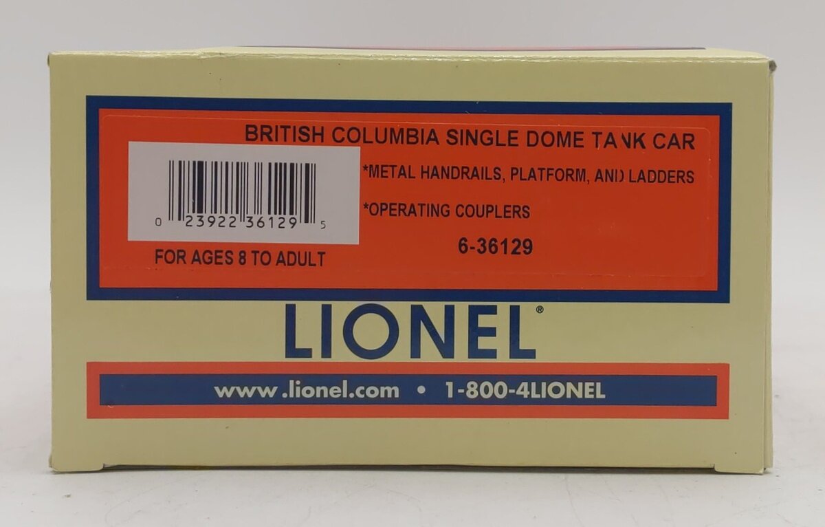 Lionel 6-36129 O Gauge British Columbia Singe Dome Tank Car NIB