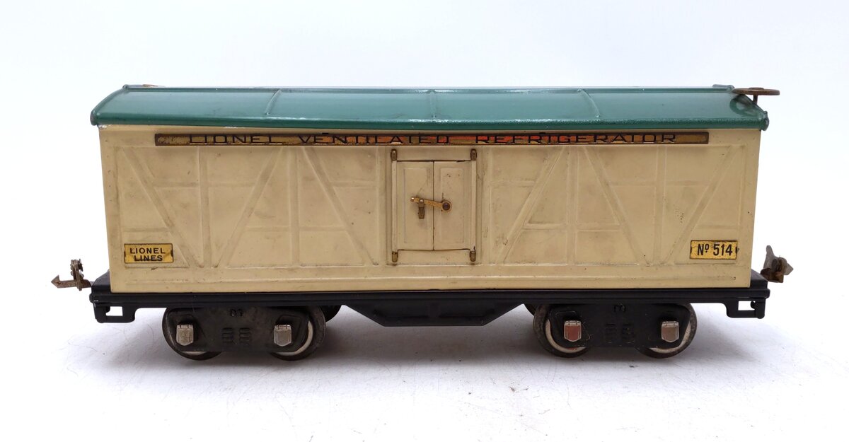 Lionel 514 Vintage Standard Gauge Tinplate Ivory/Peacock Refrigerator Car VG
