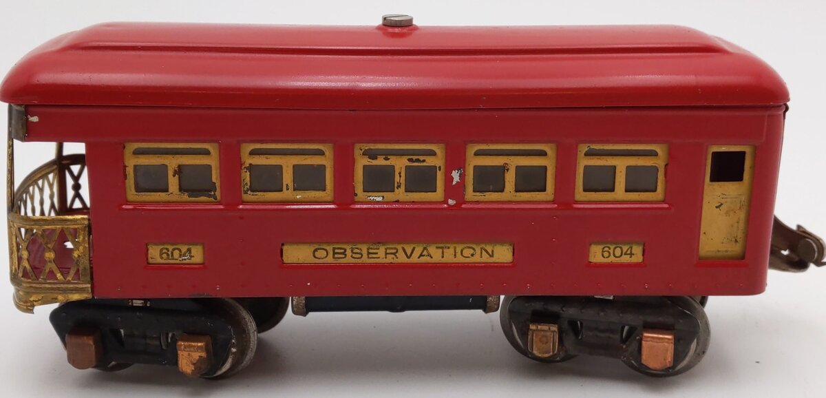 Lionel 604 Vintage O Prewar Tinplate Red Roof Observation Passenger Car VG