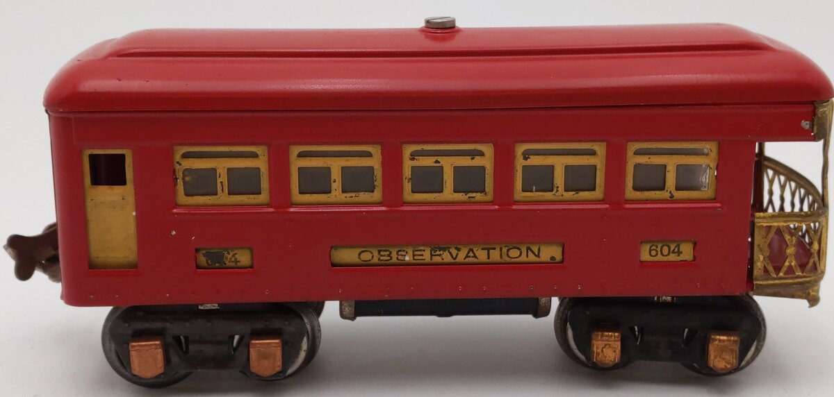 Lionel 604 Vintage O Prewar Tinplate Red Roof Observation Passenger Car VG