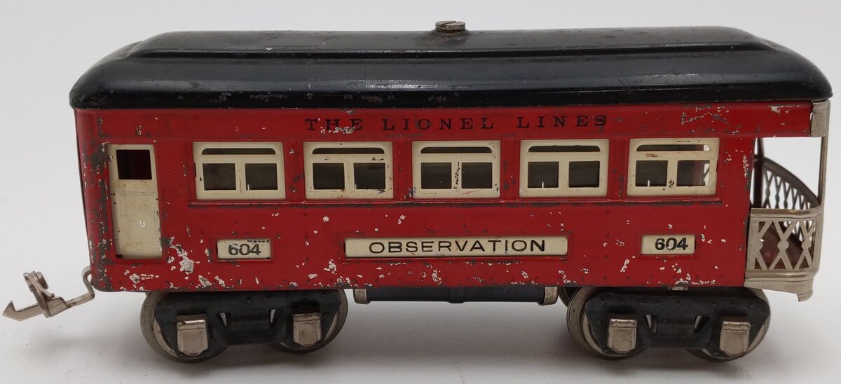 Lionel 604 Vintage O Prewar Tinplate Red w/ Black Roof Observation Passenger Car