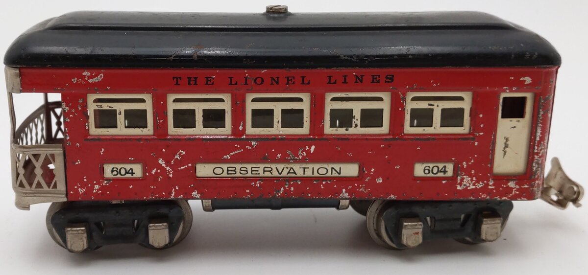 Lionel 604 Vintage O Prewar Tinplate Red w/ Black Roof Observation Passenger Car