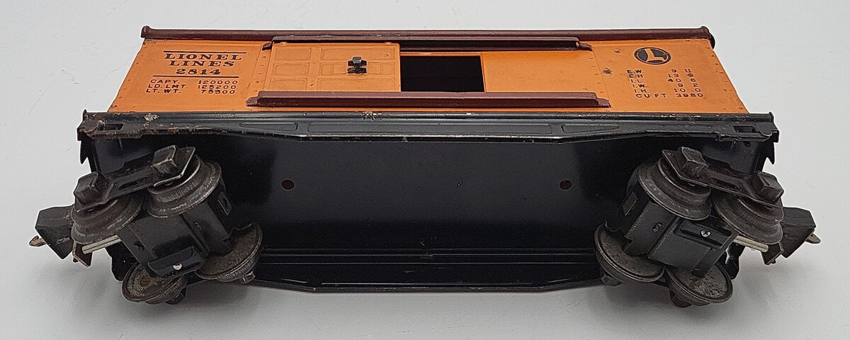 Lionel 2814 Vintage O Orange/Tuscan Roof Tinplate Boxcar VG