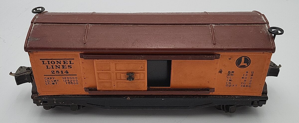 Lionel 2814 Vintage O Orange/Tuscan Roof Tinplate Boxcar VG