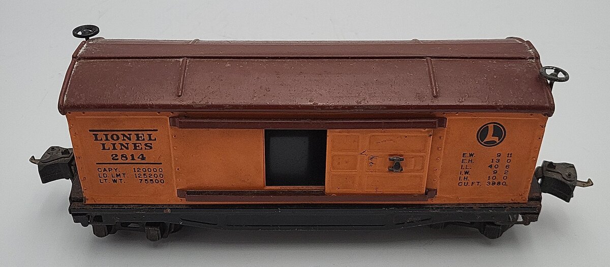 Lionel 2814 Vintage O Orange/Tuscan Roof Tinplate Boxcar VG