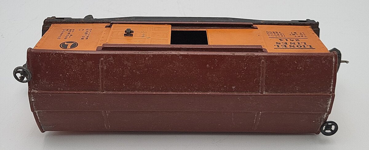 Lionel 2814 Vintage O Orange/Tuscan Roof Tinplate Boxcar VG