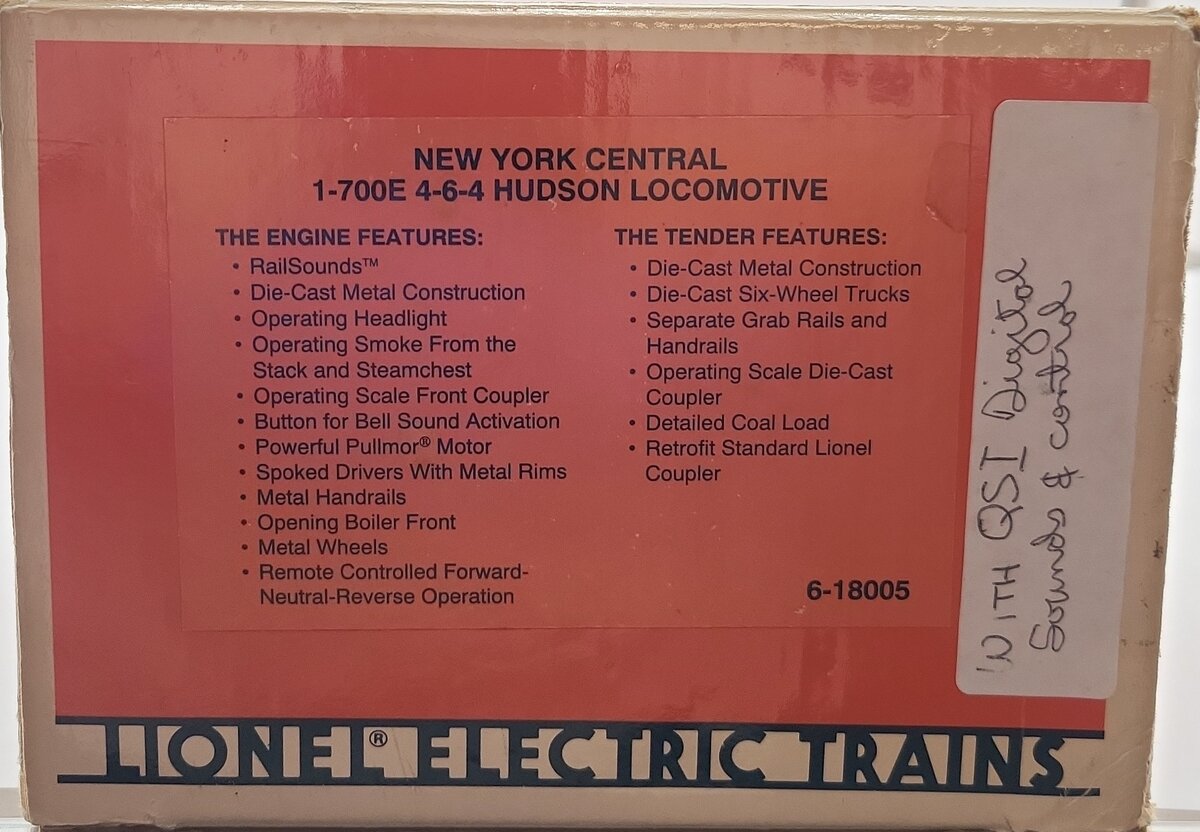 Lionel 6-18005 O Gauge NYC 4-6-4 700E Hudson Steam Loco & Tender #5340 EX/Box