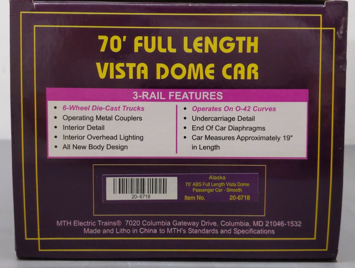 MTH 20-6718 O Gauge Alaska RR Full Vista Dome Car #506 NIB