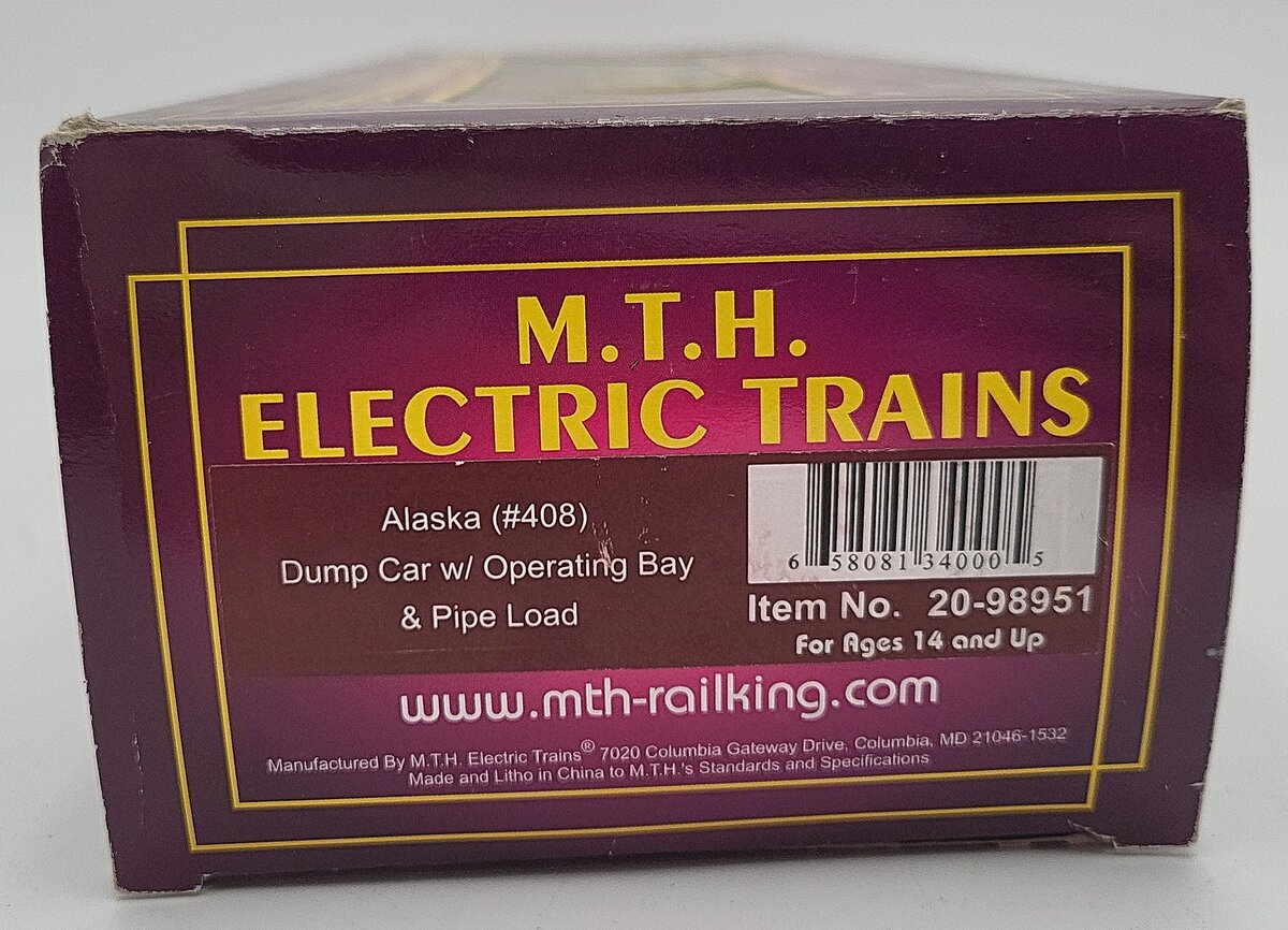 MTH 20-98951 Alaska Railroad Dump Car #408 w/ Pipe Load
