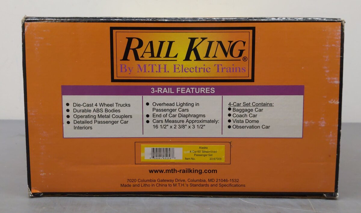MTH 30-67009 O Alaska RailKing 60' Streamlined ABS Passenger Set (Set of 4) NIB
