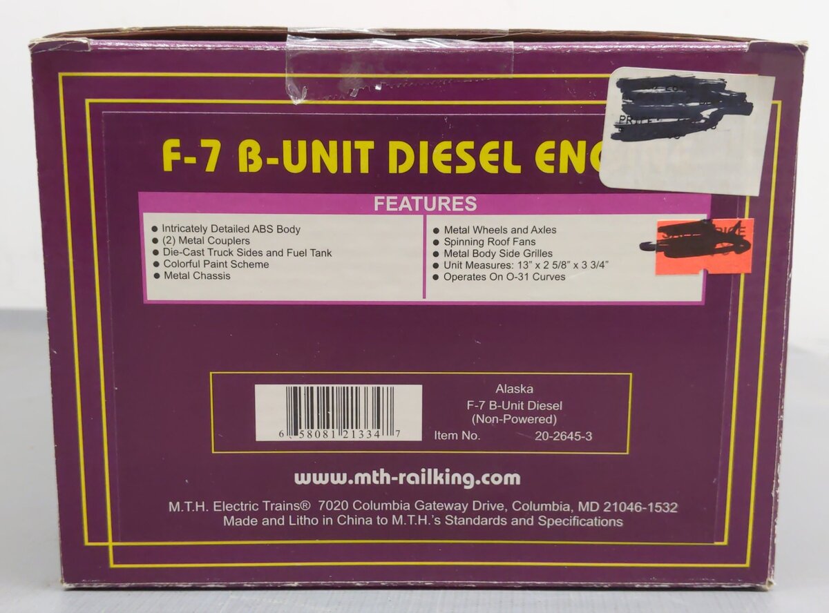 MTH 20-2645-3 O Gauge Alaska F-7 B-Unit Non-Powered Diesel Engine #1509 NIB