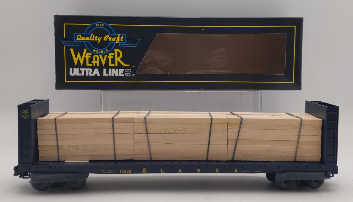 Weaver O Gauge Alaska Railroad Bulkhead Flat Car w/ Wood Load #12409 (3-Rail) LN/Box