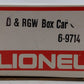 Lionel 6-9714 O Gauge Denver & Rio Grande Western Box Car VG/Box