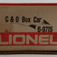 Lionel 6-9715 O Gauge Chesapeake & Ohio Boxcar EX/Box