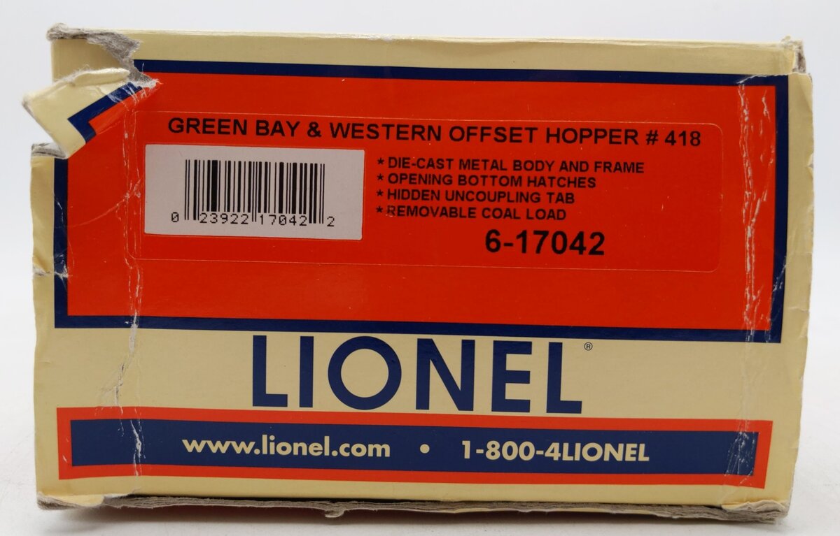 Lionel 6-17042 O Gauge Green Bay and Western 2-Bay Offset Hopper #418 EX/Box