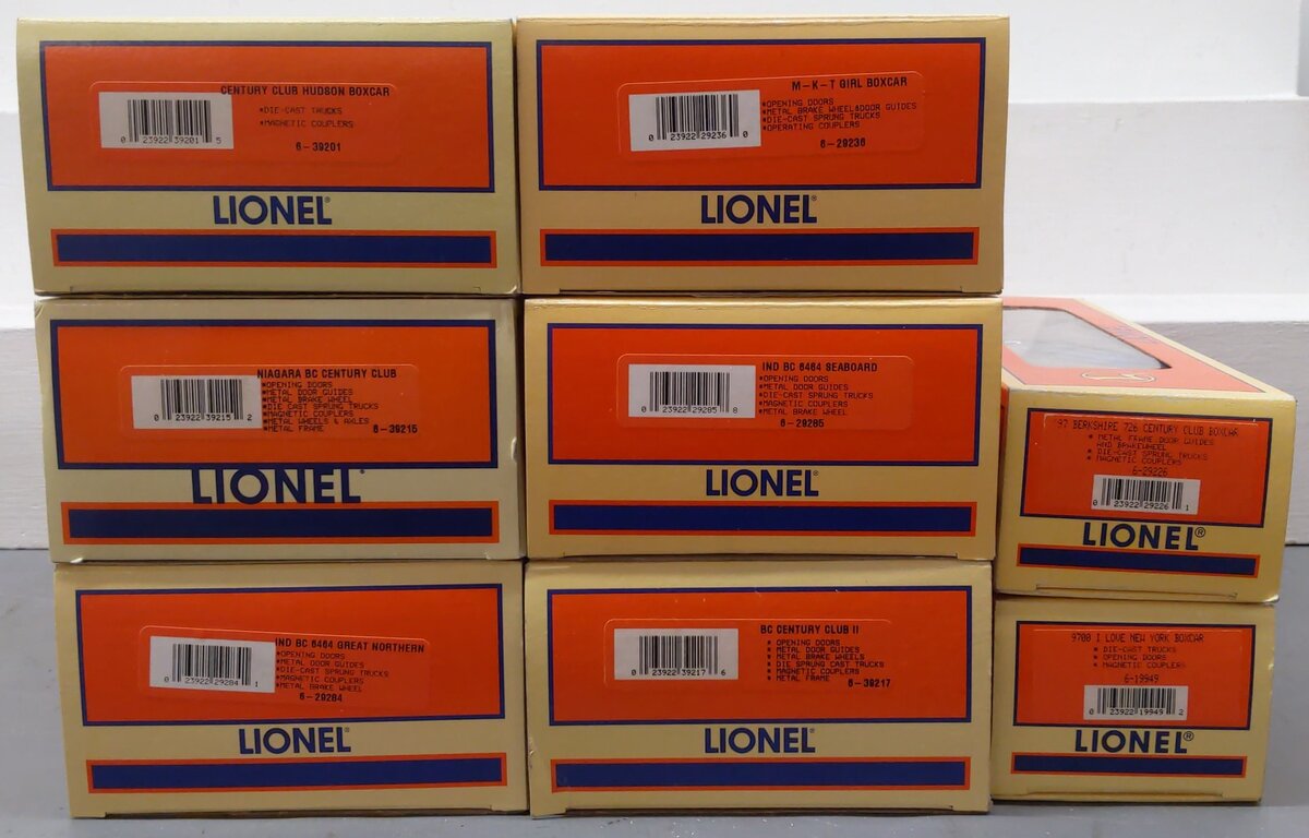 Lionel O Assorted Boxcars 6-29236, 6-29285, 6-19949, 6-29284, 6-29226 [8] LN/Box
