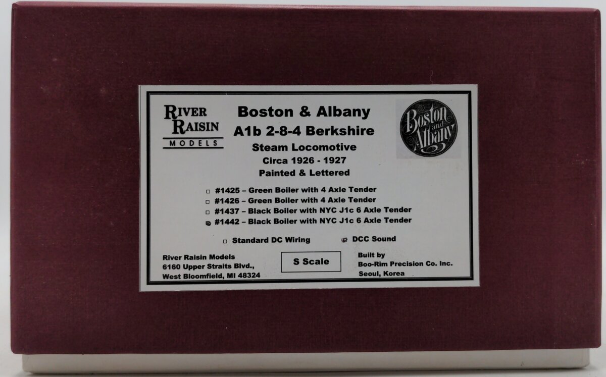 River Raisin Models S BRASS Boston & Albany A1b 2-8-4 Steam Loco & Tender #1442 EX/Box