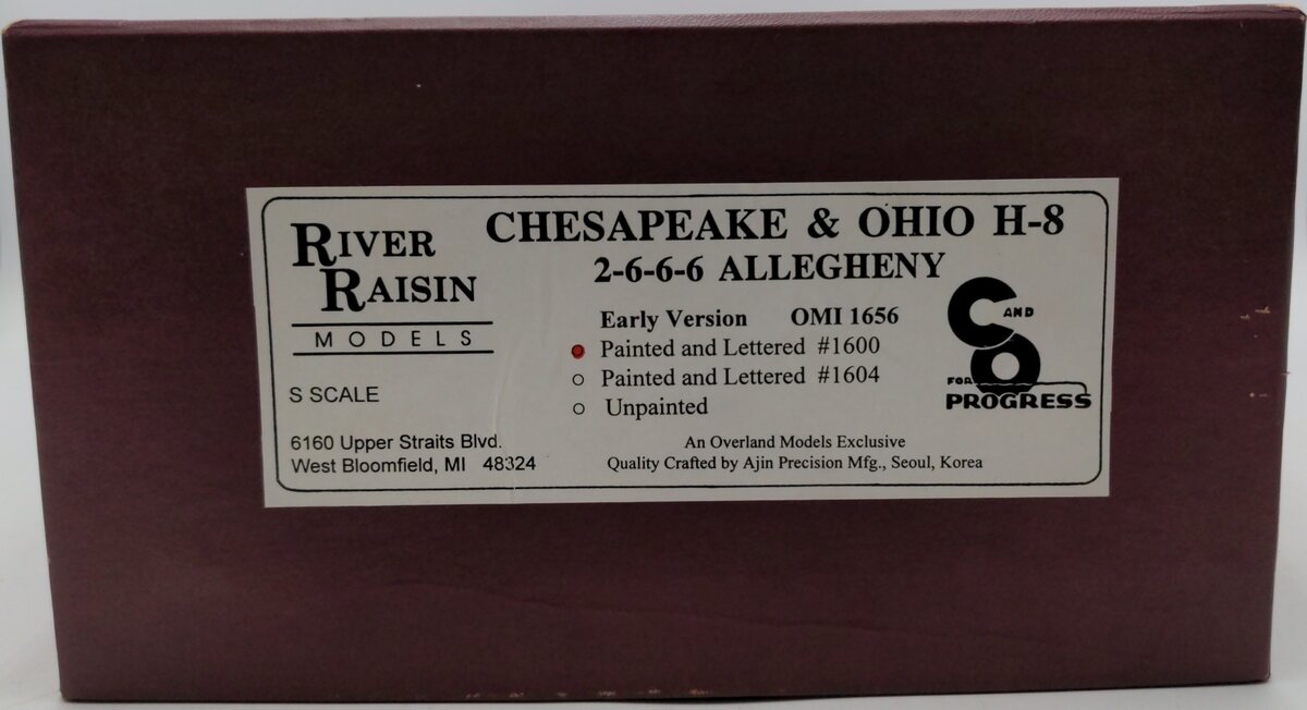 River Raisin Models S Scale Brass Chesapeake & Ohio 2-6-6-6 Loco & Tender #1600 EX/Box